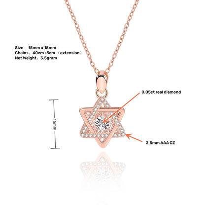 NBCP 14K Rose Gold Plated 20x magnifying diamond effect 0.05ct real diamond  Hexagram Star of David Pendant necklace Halo Necklace | Rose Gold Necklace for Women | Slider Adjustable
