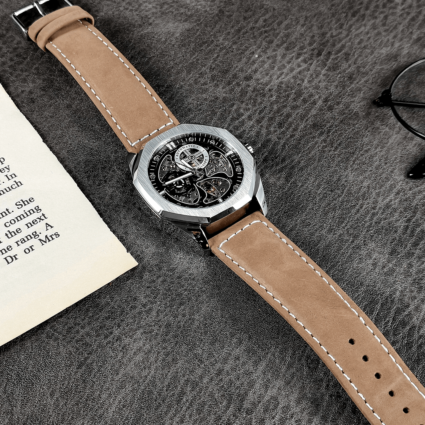 NBCP Automatic Watches for Men | Skeleton Mechanical Leather Strap Mens Watch Quartz Movement Fashion Business Wristwatches - NBCP Watch